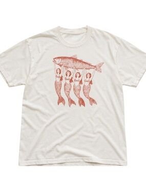 Gildan Mermaid Crew T-Shirt in Cream with Coral Graphic